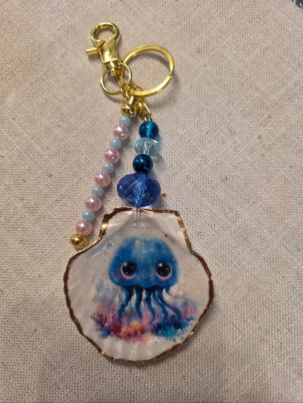 Cute Blue Jellyfish Shell Keychain with Beads